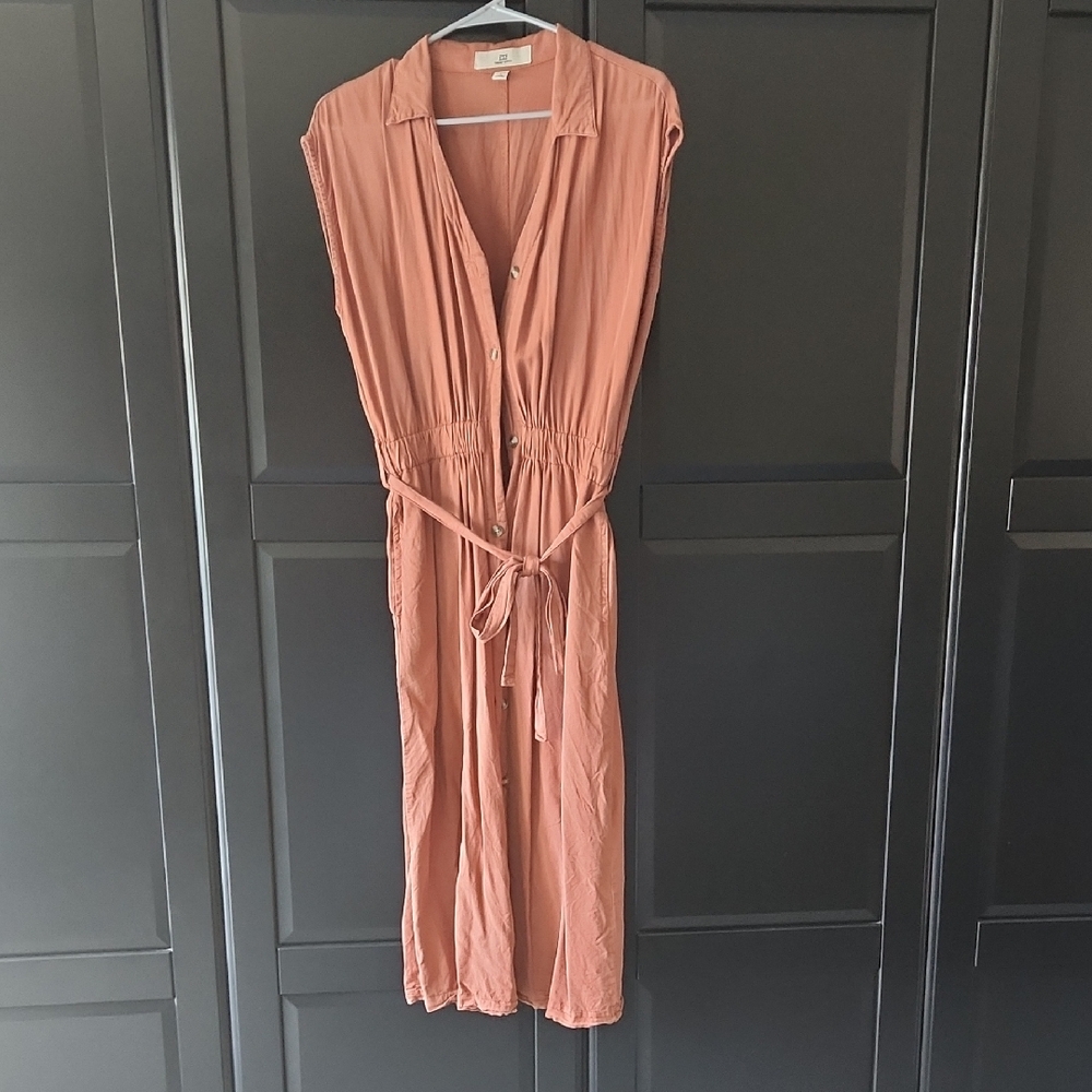 Rust Sleeveless Midi Dress with Tie Waist